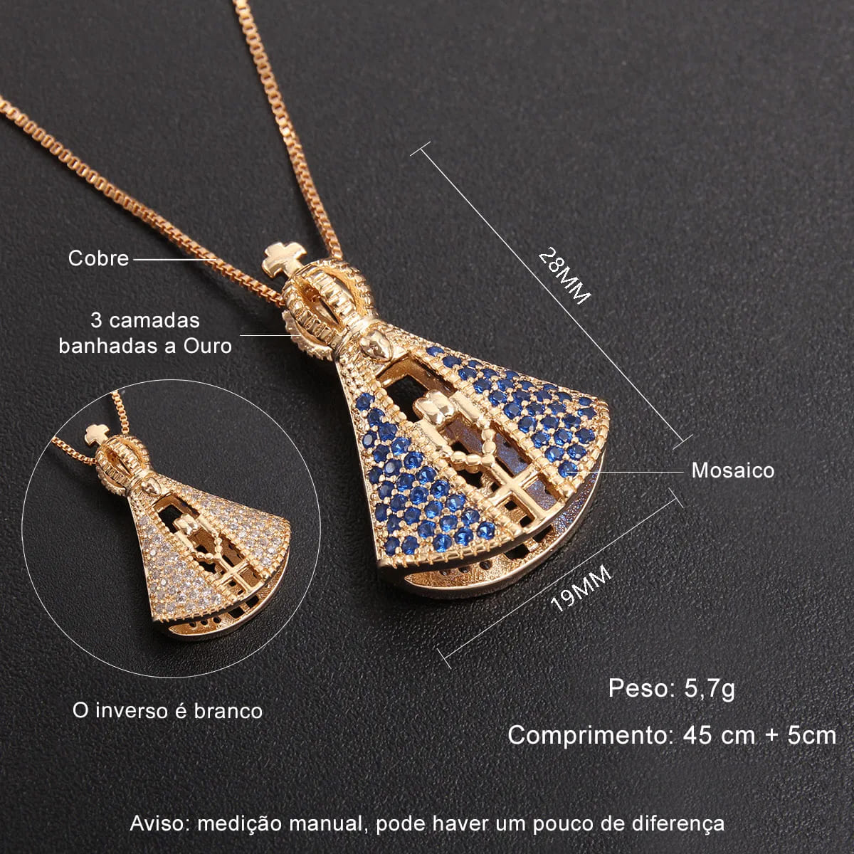 colar com pingente, colar banhado a ouro, corrente de aço inoxidável, colar aço inoxidável, colares em aço inoxidável, colar de nossa senhora aparecida, colar nossa senhora aparecida de aço inoxidável