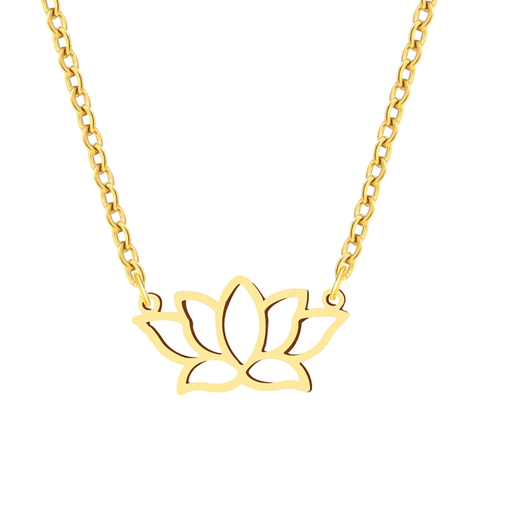 colar com pingente, colar banhado a ouro, corrente de aço inoxidável, colar aço inoxidável, colares em aço inoxidável, colar flor de lotus de aço inoxidável