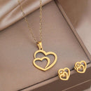 Conjunto de Colar e Brincos Duplo Coração Unidos de Aço Inoxidável