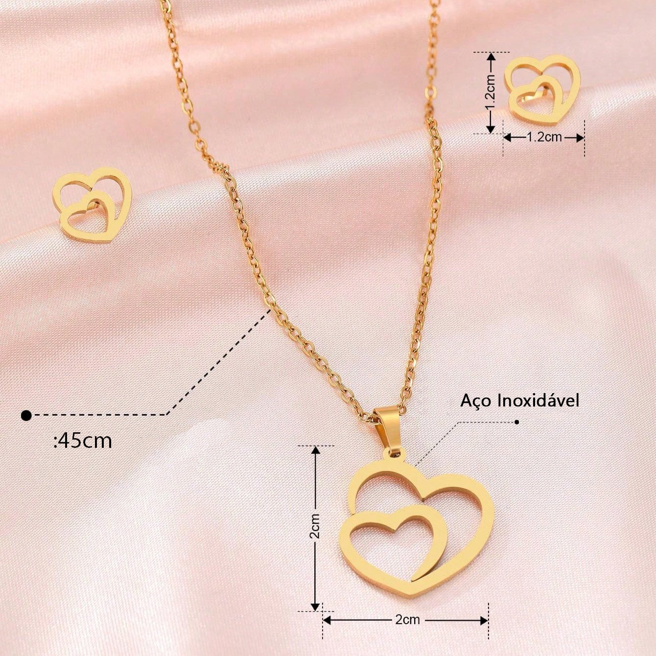 Conjunto de Colar e Brincos Duplo Coração Unidos de Aço Inoxidável