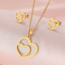 Conjunto de Colar e Brincos Duplo Coração Unidos de Aço Inoxidável