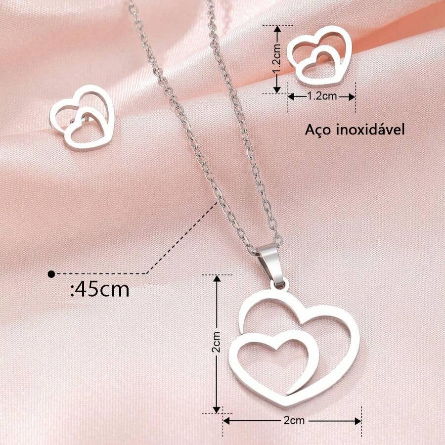 Conjunto de Colar e Brincos Duplo Coração Unidos de Aço Inoxidável