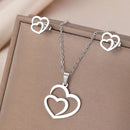Conjunto de Colar e Brincos Duplo Coração Unidos de Aço Inoxidável