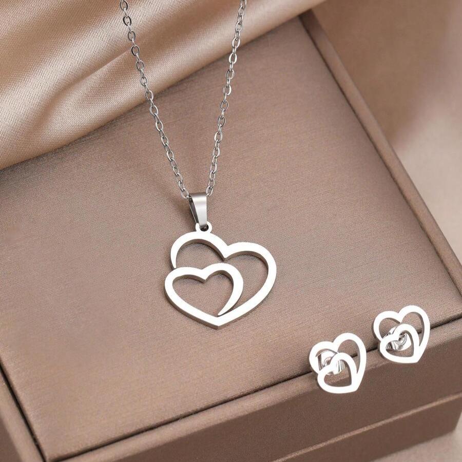 Conjunto de Colar e Brincos Duplo Coração Unidos de Aço Inoxidável
