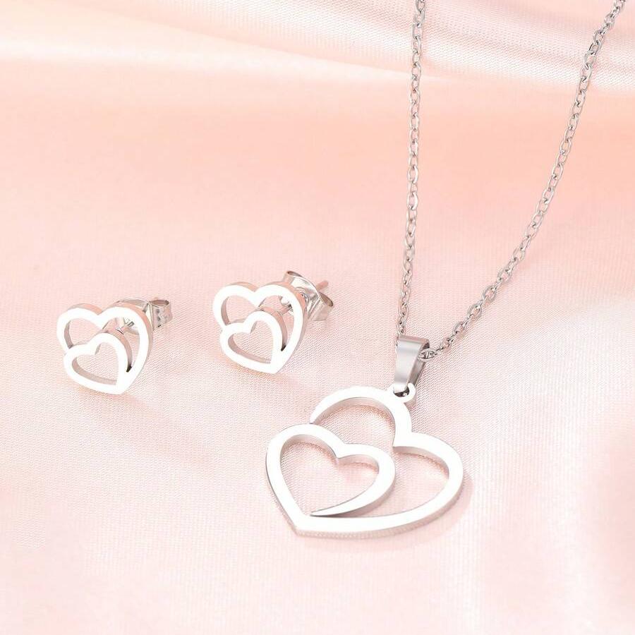 Conjunto de Colar e Brincos Duplo Coração Unidos de Aço Inoxidável
