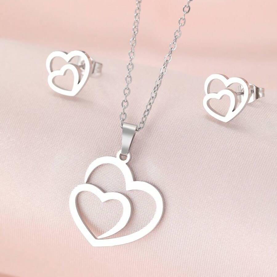 Conjunto de Colar e Brincos Duplo Coração Unidos de Aço Inoxidável