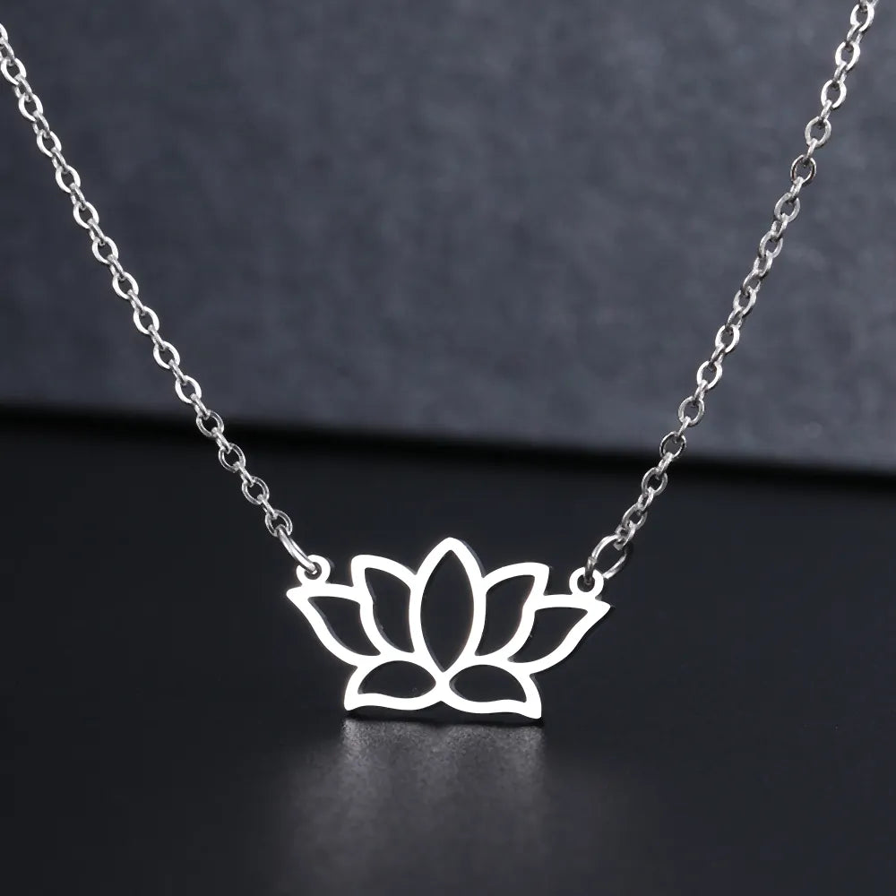 colar com pingente, colar banhado a ouro, corrente de aço inoxidável, colar aço inoxidável, colares em aço inoxidável, colar flor de lotus de aço inoxidável