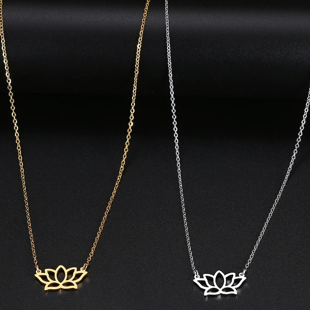 colar com pingente, colar banhado a ouro, corrente de aço inoxidável, colar aço inoxidável, colares em aço inoxidável, colar flor de lotus de aço inoxidável