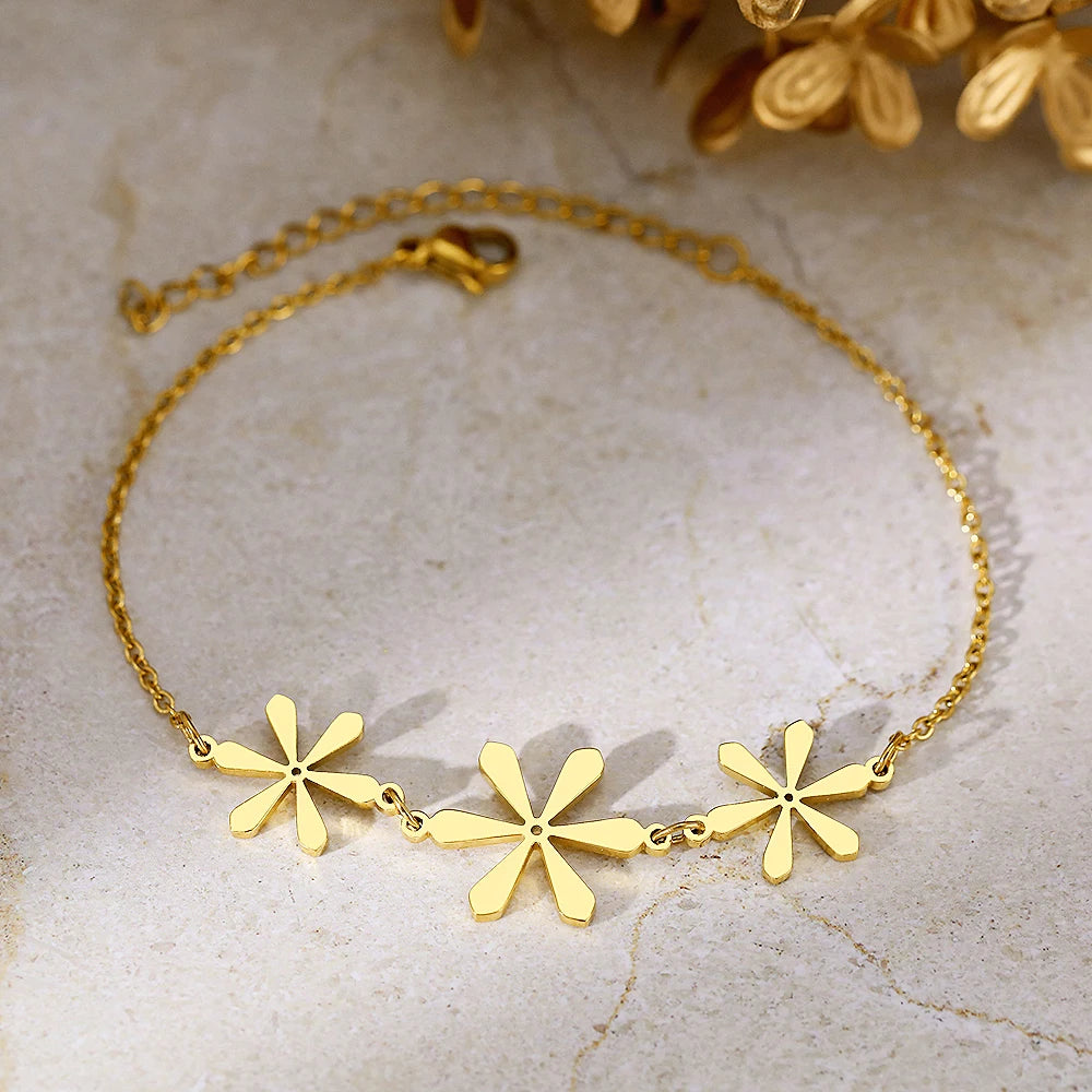 Pulseira de Aço Inoxidável 3 Flores - Banhado a Ouro